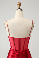 Laden Sie das Bild in den Galerie-Viewer, Glitzer Dunkelrotes Perlenkorsett Satin Kurzes Abiballkleid