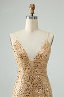 Laden Sie das Bild in den Galerie-Viewer, Glitzerndes goldenes figurbetontes Spaghettiträger Kurzes Cocktailkleid mit Pailletten
