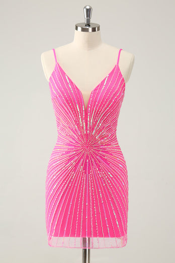 Spaghettiträger Fuchsia Bodycon Abiballkleid mit Pailletten