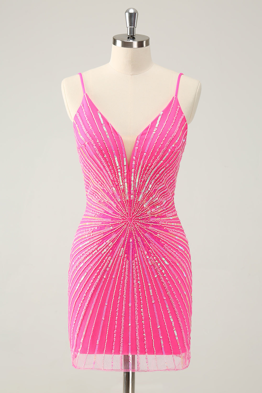 Spaghettiträger Fuchsia Bodycon Abiballkleid mit Pailletten