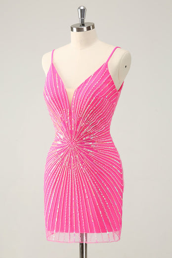 Spaghettiträger Fuchsia Bodycon Abiballkleid mit Pailletten