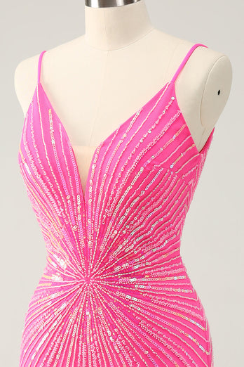 Spaghettiträger Fuchsia Bodycon Abiballkleid mit Pailletten