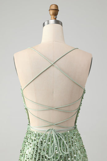 Glitzerndes grünes figurbetontes kurzes Abiballkleid mit Pailletten und Schnürung