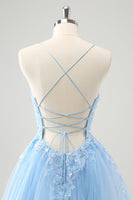 Laden Sie das Bild in den Galerie-Viewer, Niedliches Glitzerblaues A-Linie Pailletten Kurzes Abiballkleid mit Applikationen