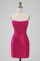 Laden Sie das Bild in den Galerie-Viewer, Funkelndes Rotes Trägerloses Bodycon Kurzes Abiballkleid mit Spitze