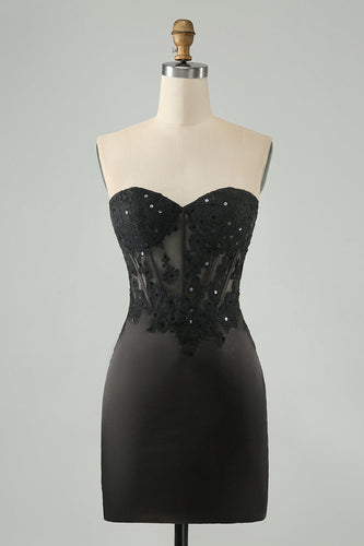 Glitzerndes schwarzes, figurbetontes Korsett-Homecoming-Kleid mit Applikationen