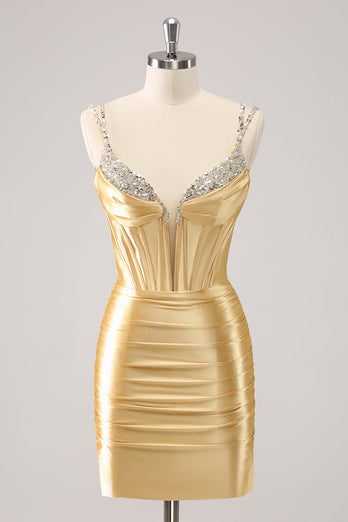 Goldene Spaghettiträger Bodycon Abiballkleid mit Pailletten