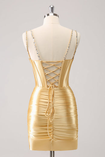 Goldene Spaghettiträger Bodycon Abiballkleid mit Pailletten