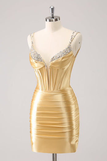 Goldene Spaghettiträger Bodycon Abiballkleid mit Pailletten