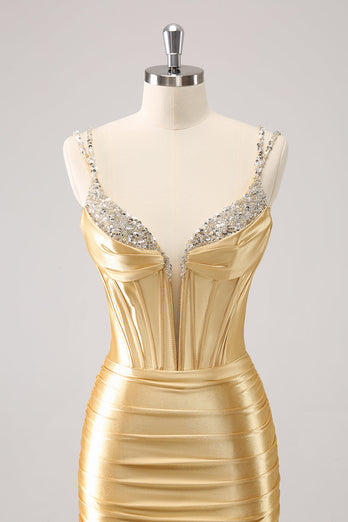 Goldene Spaghettiträger Bodycon Abiballkleid mit Pailletten