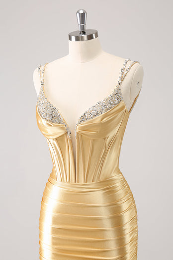 Goldene Spaghettiträger Bodycon Abiballkleid mit Pailletten