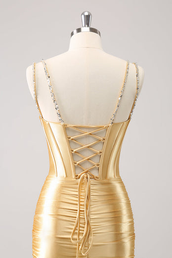 Goldene Spaghettiträger Bodycon Abiballkleid mit Pailletten