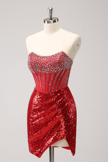 Glitzerndes rotes trägerloses Korsett mit Pailletten und Perlen Enges Abiballkleid mit Schlitz