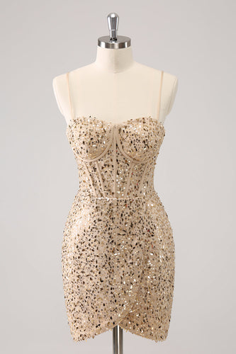 Glitzernde goldene Spaghettiträger Bodycon Abiballkleid mit Pailletten