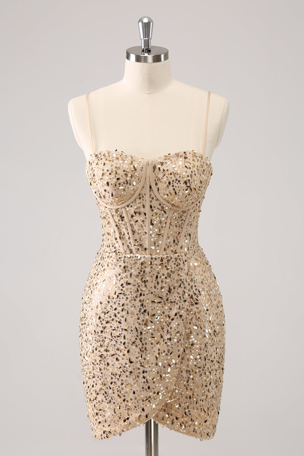 Glitzernde goldene Spaghettiträger Bodycon Abiballkleid mit Pailletten