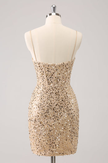 Glitzernde goldene Spaghettiträger Bodycon Abiballkleid mit Pailletten