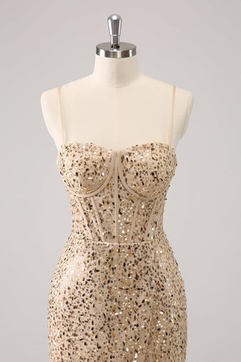 Glitzernde goldene Spaghettiträger Bodycon Abiballkleid mit Pailletten