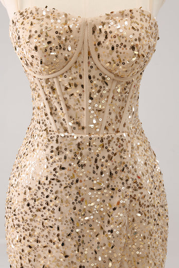 Glitzernde goldene Spaghettiträger Bodycon Abiballkleid mit Pailletten