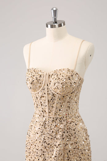 Glitzernde goldene Spaghettiträger Bodycon Abiballkleid mit Pailletten