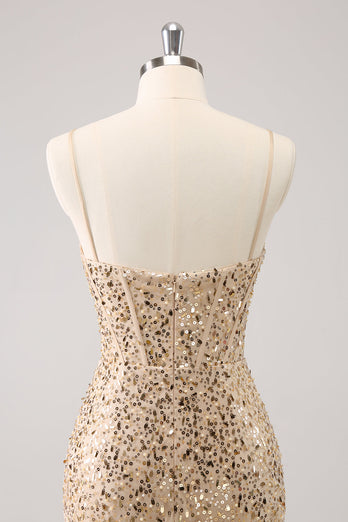 Glitzernde goldene Spaghettiträger Bodycon Abiballkleid mit Pailletten