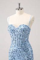 Laden Sie das Bild in den Galerie-Viewer, Glitzerndes blaues enges Pailletten Spaghettiträger Abiballkleid