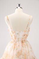 Laden Sie das Bild in den Galerie-Viewer, Gelbes A-Linie Kurzes geblümtes Cocktailkleid mit Rüschen