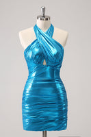 Laden Sie das Bild in den Galerie-Viewer, Metallisches enges Neckholder Rückenfreies Satin Blaues Abiballkleid aus Satin