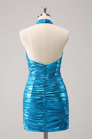 Laden Sie das Bild in den Galerie-Viewer, Metallisches enges Neckholder Rückenfreies Satin Blaues Abiballkleid aus Satin