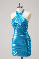 Laden Sie das Bild in den Galerie-Viewer, Metallisches enges Neckholder Rückenfreies Satin Blaues Abiballkleid aus Satin
