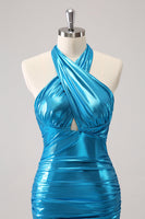Laden Sie das Bild in den Galerie-Viewer, Metallisches enges Neckholder Rückenfreies Satin Blaues Abiballkleid aus Satin
