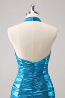 Laden Sie das Bild in den Galerie-Viewer, Metallisches enges Neckholder Rückenfreies Satin Blaues Abiballkleid aus Satin