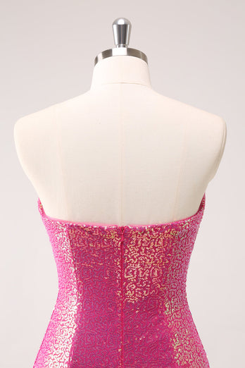 Fuchsia Ausgehöhlt trägerloses Pailletten Enges Abiballkleid mit Schlitz