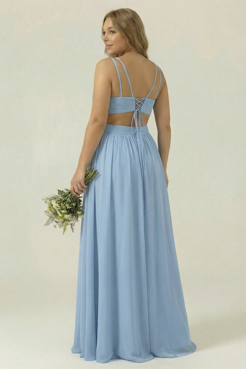 Laden Sie das Bild in den Galerie-Viewer, Staubiges Blaues Chiffon V-Ausschnitt A-Linie Langes Plus-Size Brautjungfernkleid mit Schnürung hinten