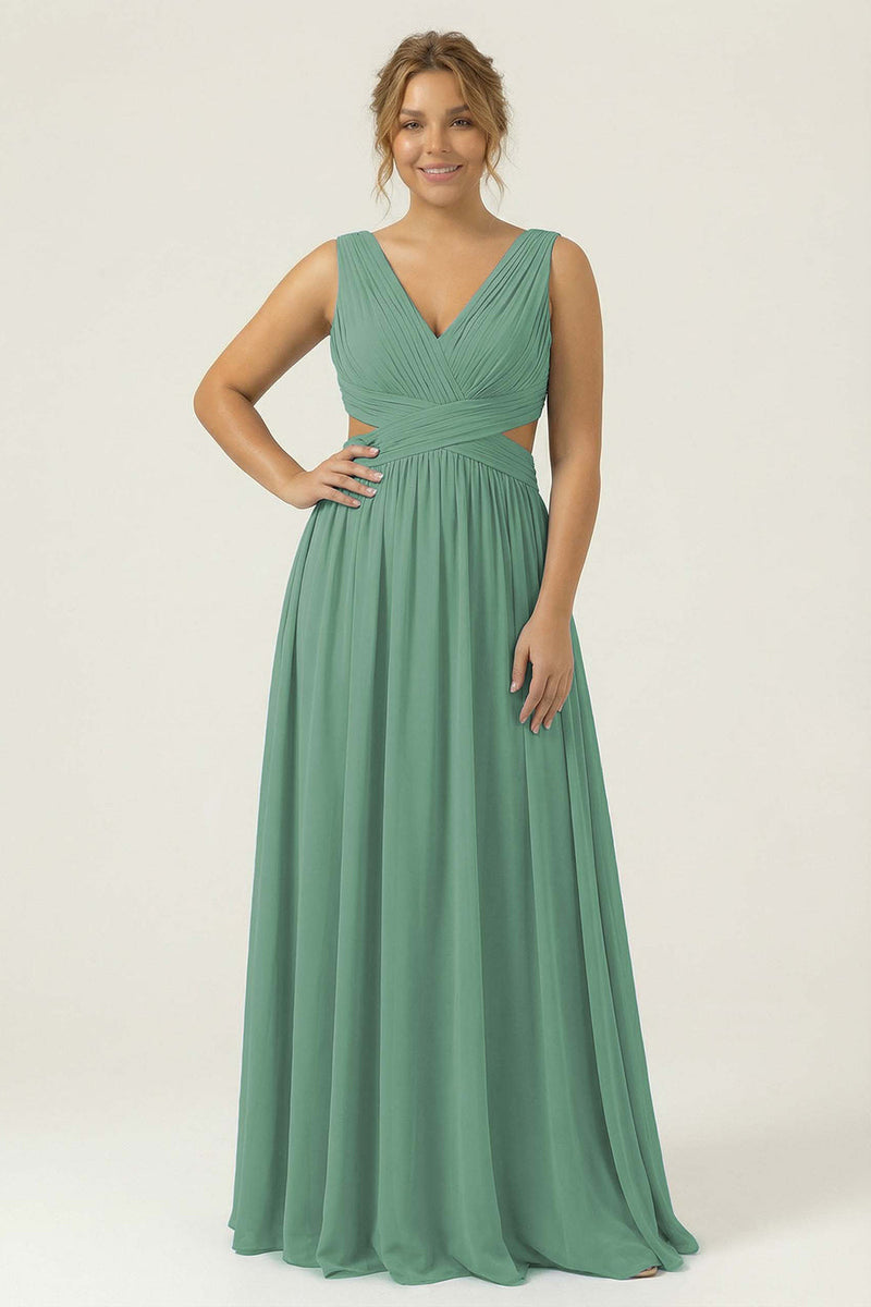 Laden Sie das Bild in den Galerie-Viewer, Staubiges Blaues Chiffon V-Ausschnitt A-Linie Langes Plus-Size Brautjungfernkleid mit Schnürung hinten