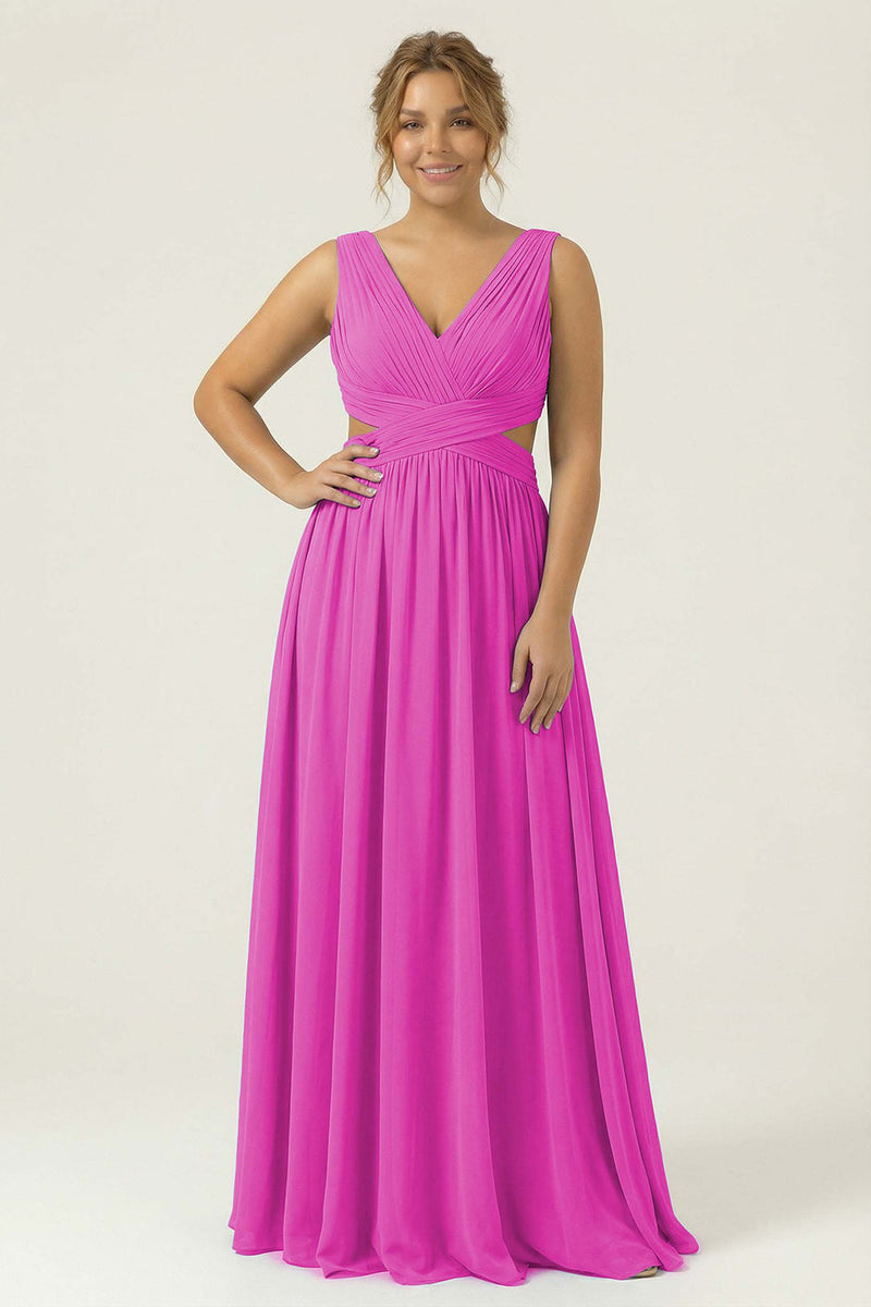 Laden Sie das Bild in den Galerie-Viewer, Staubiges Blaues Chiffon V-Ausschnitt A-Linie Langes Plus-Size Brautjungfernkleid mit Schnürung hinten