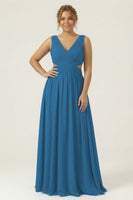 Laden Sie das Bild in den Galerie-Viewer, Staubiges Blaues Chiffon V-Ausschnitt A-Linie Langes Plus-Size Brautjungfernkleid mit Schnürung hinten