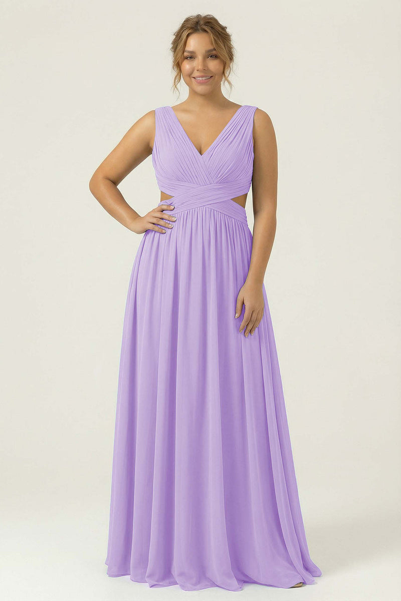 Laden Sie das Bild in den Galerie-Viewer, Staubiges Blaues Chiffon V-Ausschnitt A-Linie Langes Plus-Size Brautjungfernkleid mit Schnürung hinten