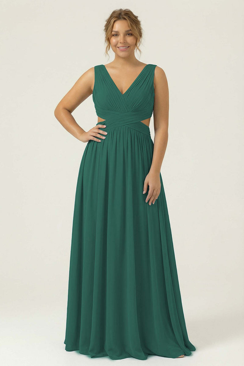 Laden Sie das Bild in den Galerie-Viewer, Staubiges Blaues Chiffon V-Ausschnitt A-Linie Langes Plus-Size Brautjungfernkleid mit Schnürung hinten