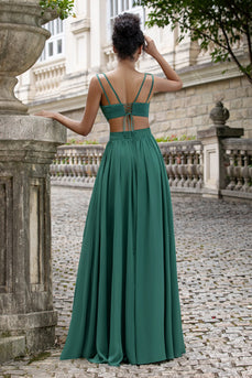 Dunkelgrünes langes Brautjungfernkleid aus Chiffon mit V-Ausschnitt und Spitze hinten