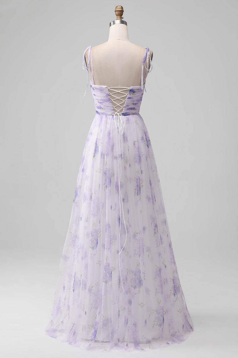 Laden Sie das Bild in den Galerie-Viewer, Lavendelblüten Spaghettiträger A-Linie Langes Brautjungfernkleid mit Schlitz