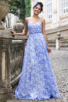 Laden Sie das Bild in den Galerie-Viewer, Blaudruck A Linie Spaghettiträger Plissee langes Brautjungfernkleid mit Schnürung