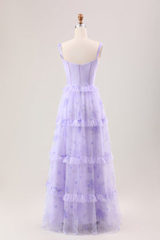 Lavendel A-Linie Korsett Spaghettiträger Blumen gestuftes langes Brautjungfernkleid