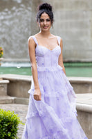 Laden Sie das Bild in den Galerie-Viewer, Lavendel A Linie Korsett Spaghettiträger Blumen gestuftes Hochzeitsfeierkleid