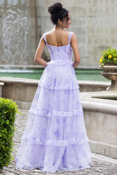 Lavendel A Linie Korsett Spaghettiträger Blumen gestuftes Hochzeitsfeierkleid