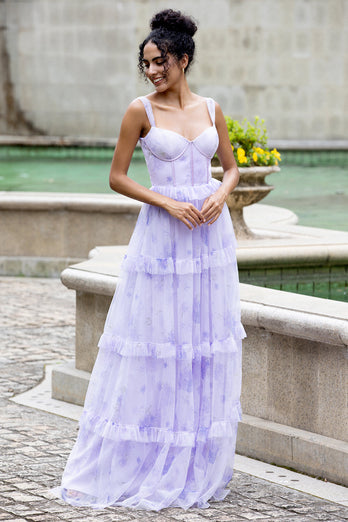 Lavendel A Linie Korsett Spaghettiträger Blumen gestuftes Hochzeitsfeierkleid