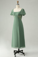 Laden Sie das Bild in den Galerie-Viewer, A Linie Eukalyptus Chiffon Brautjungfernkleid mit quadratischem Ausschnitt und Schlitz