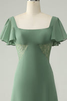 Laden Sie das Bild in den Galerie-Viewer, A Linie Eukalyptus Chiffon Brautjungfernkleid mit quadratischem Ausschnitt und Schlitz