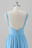 Laden Sie das Bild in den Galerie-Viewer, Blaues A-Linie langes Chiffon Brautjungfernkleid mit V-Ausschnitt