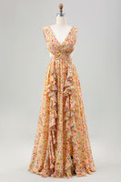 Laden Sie das Bild in den Galerie-Viewer, Gelbe kleine Blume A Linie V-Ausschnitt Plissee Rüschen Hochzeitsgastkleid