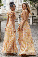 Laden Sie das Bild in den Galerie-Viewer, Gelbe Blume A Linie V-Ausschnitt Print Plissee Hochzeitsfeier Gästekleid mit Schlitz